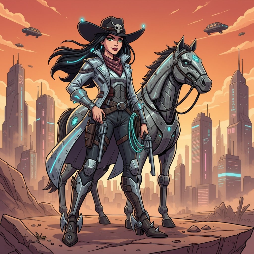 A cybernetic cowgirl with a long coat and two revolvers stands with her robotic horse before a futuristic city at sunset.